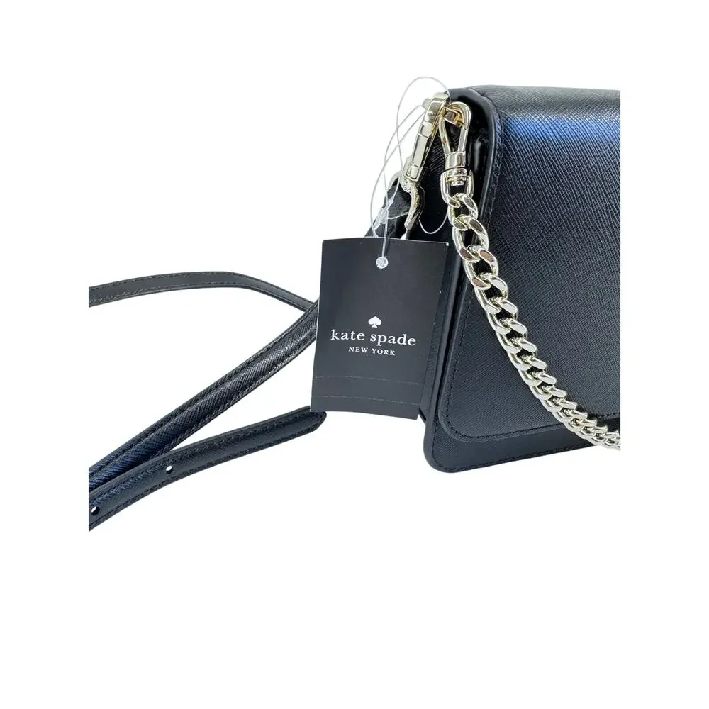 Kate Spade Madison Saffiano Leather Flap Crossbody Black  Strap Bag gold chain
